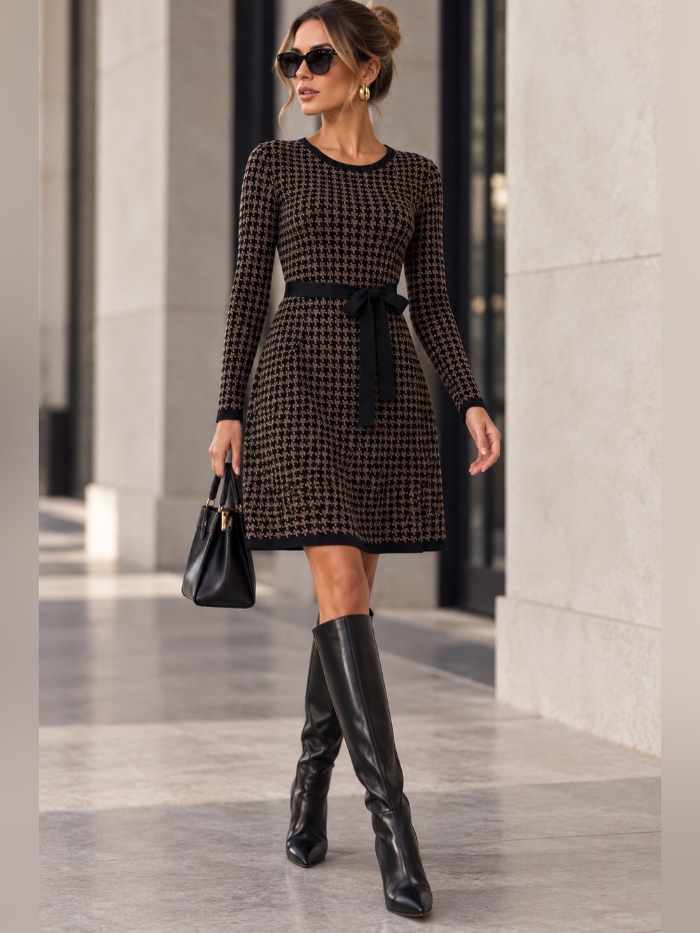 Max Studio London Black Brown Geometric Knit Sweater Dress Long Sleeve Belted XL